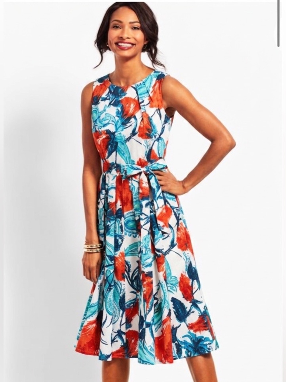 Talbots petites 8p White Floral Midi Dress with Teal & Coral Print